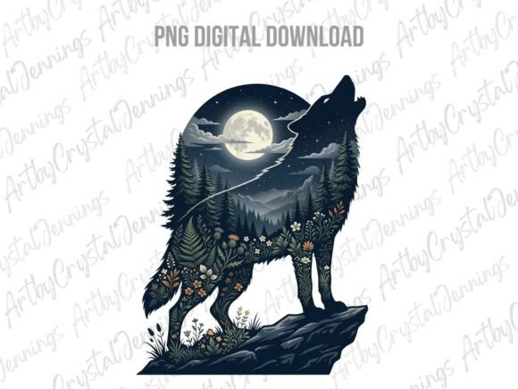 Download Midnight Moon Floral Scenic Wolf PNG - Floral Collection