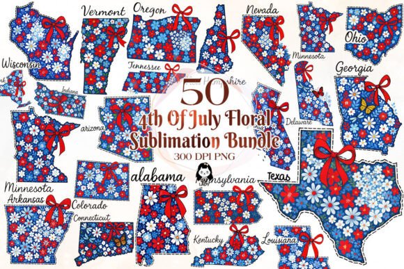 Download 4th of July Floral USA State Map Clipart - Floral Collection