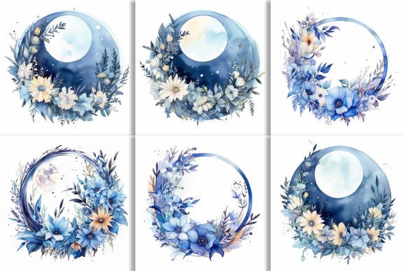 Download Boho Round Floral Frame with Blue Moon - Floral Collection