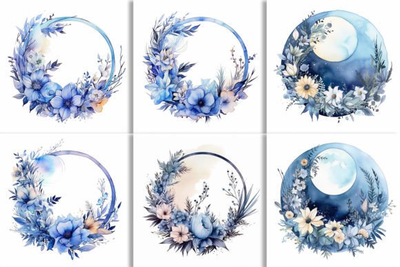 Download Boho Round Floral Frame with Blue Moon - Floral Collection