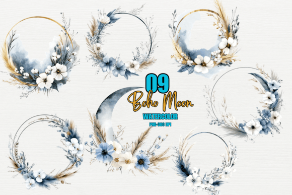 Download Boho Floral Round Frame with Blue Moon - Floral Collection